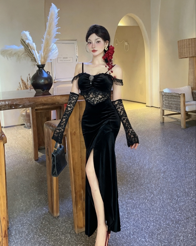 Velvet sling evening dress red long dress for women