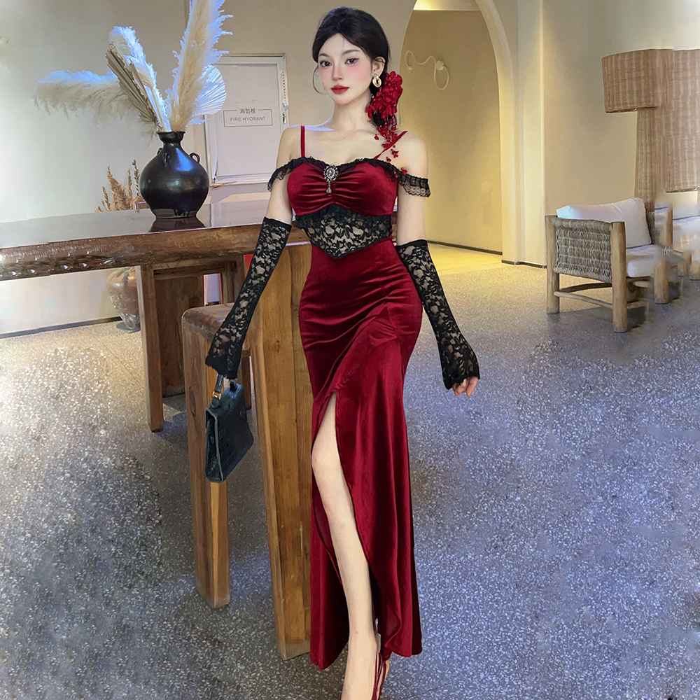 Velvet sling evening dress red long dress for women
