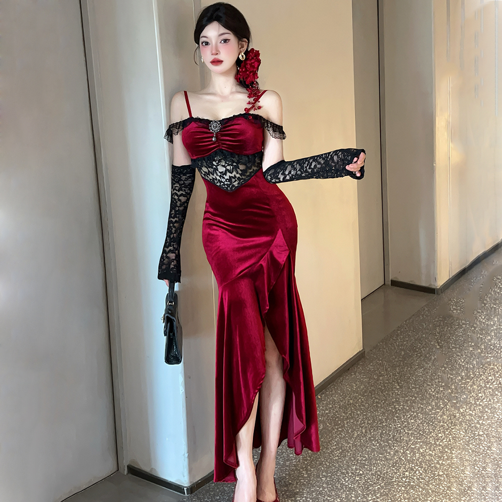 Velvet sling evening dress red long dress for women