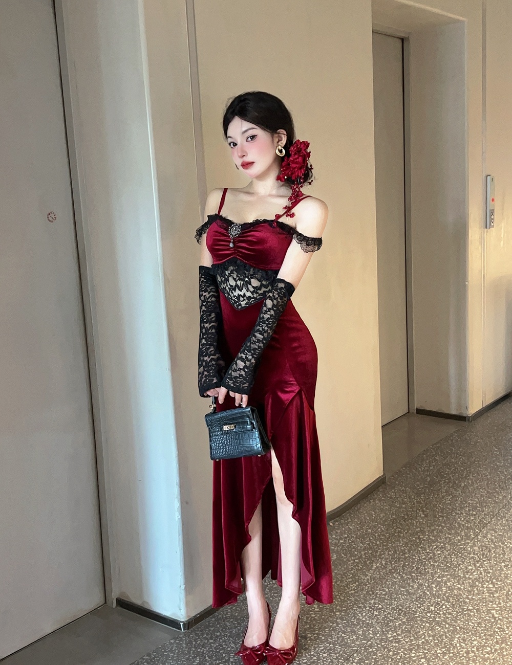 Velvet sling evening dress red long dress for women