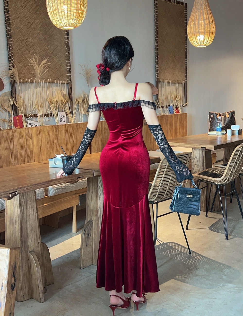 Velvet sling evening dress red long dress for women