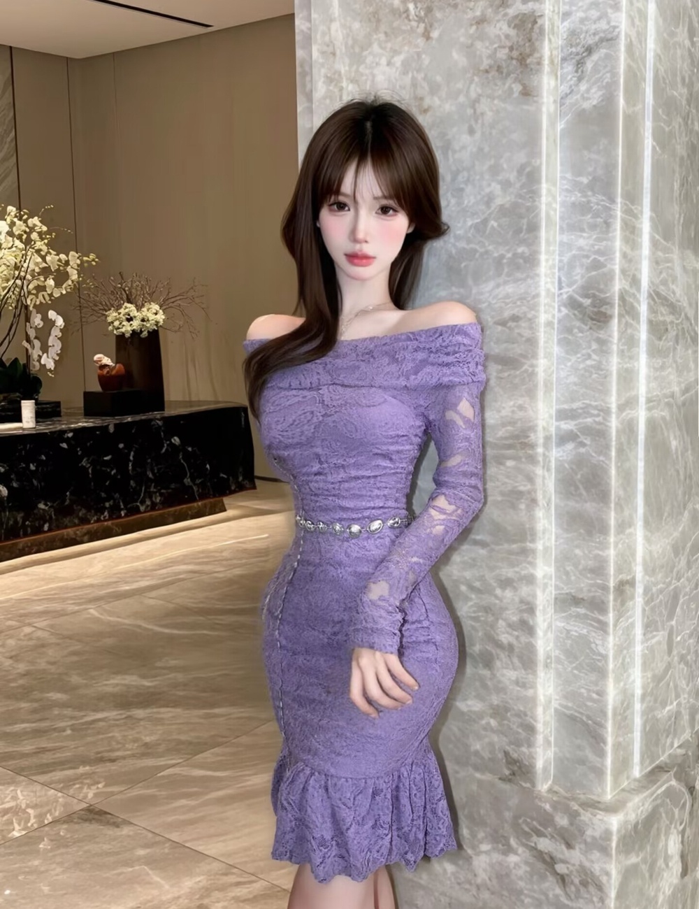 Slim lace T-back horizontal collar with belt dress