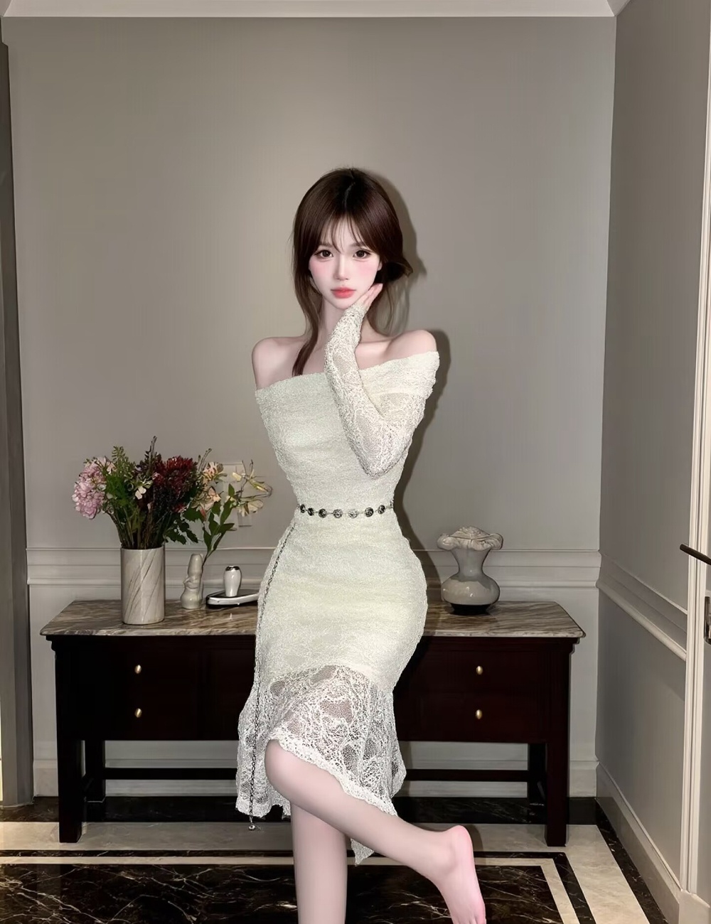 Slim lace T-back horizontal collar with belt dress