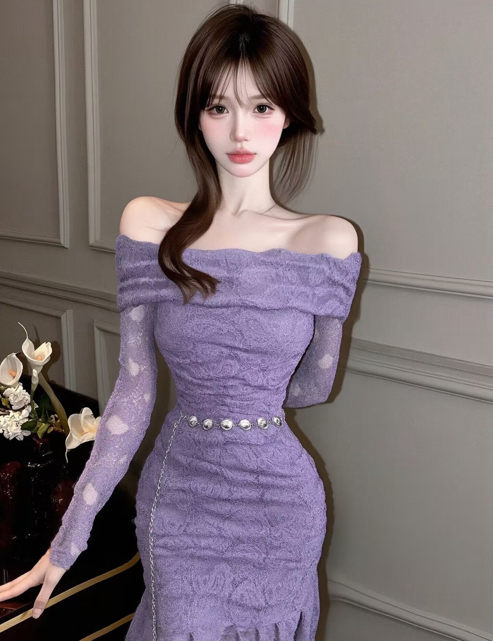 Slim lace T-back horizontal collar with belt dress