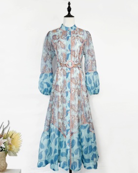 Single-breasted mixed colors long lantern sleeve dress