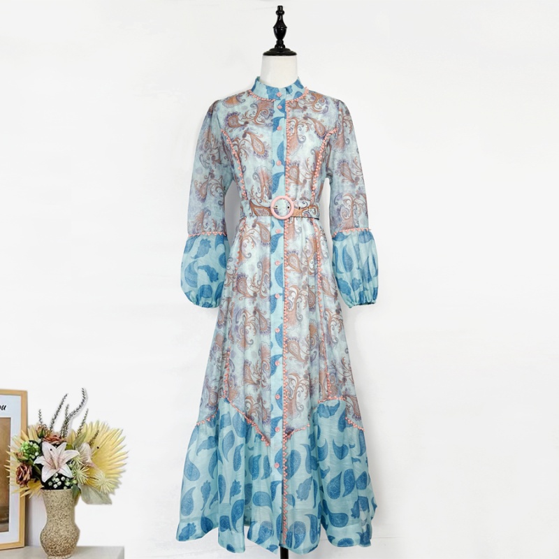 Single-breasted mixed colors long lantern sleeve dress
