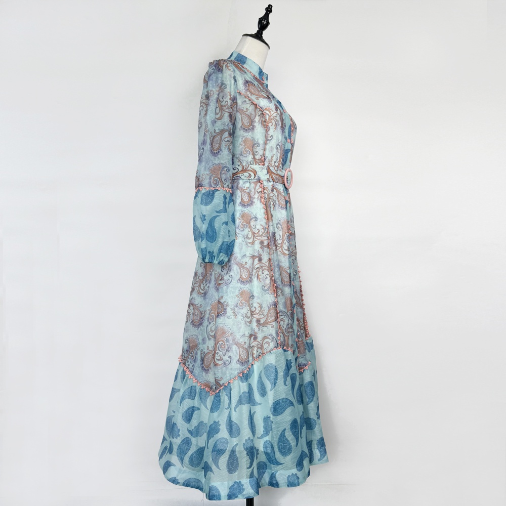 Single-breasted mixed colors long lantern sleeve dress