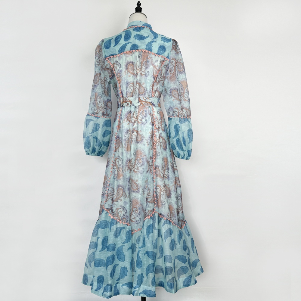 Single-breasted mixed colors long lantern sleeve dress