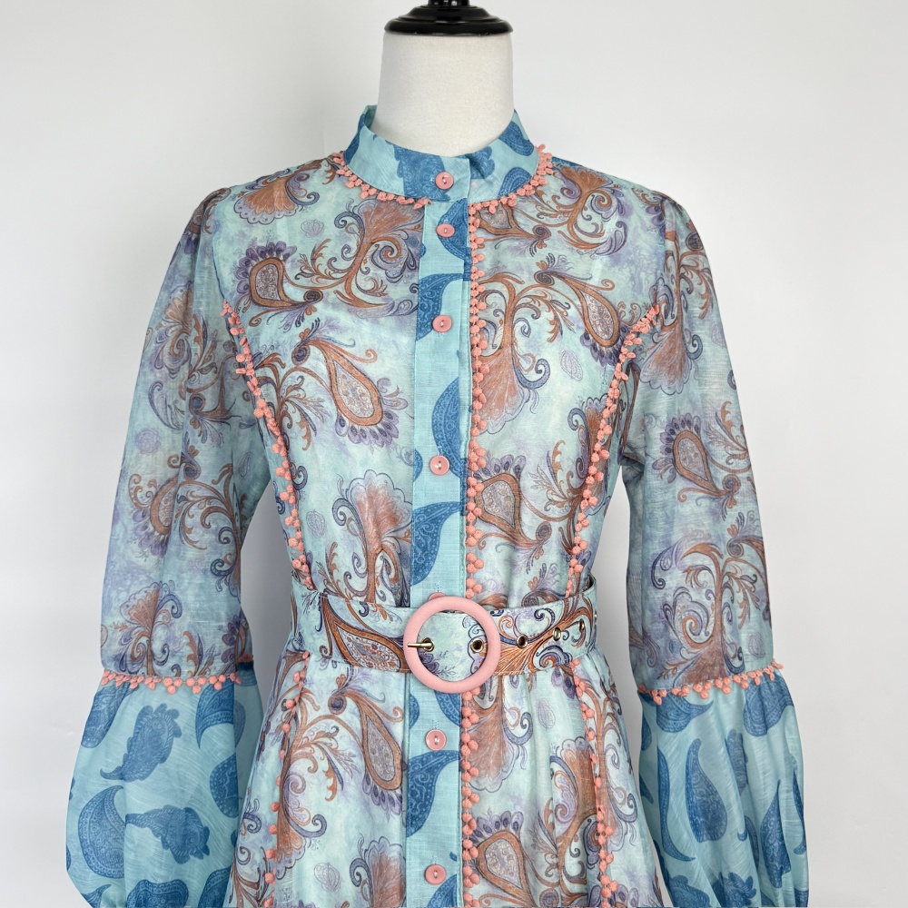 Single-breasted mixed colors long lantern sleeve dress