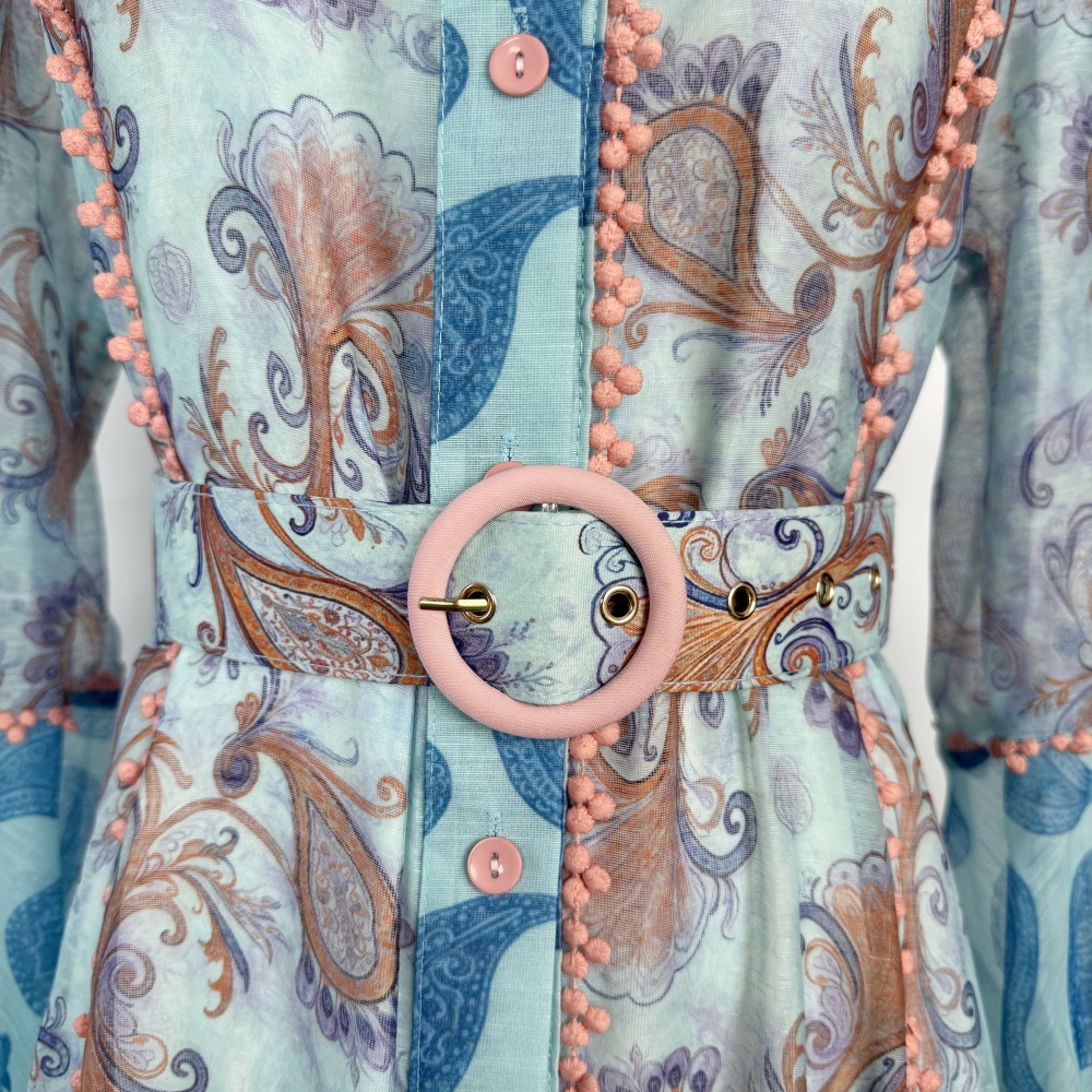 Single-breasted mixed colors long lantern sleeve dress