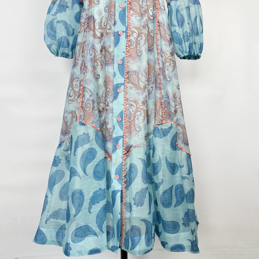 Single-breasted mixed colors long lantern sleeve dress