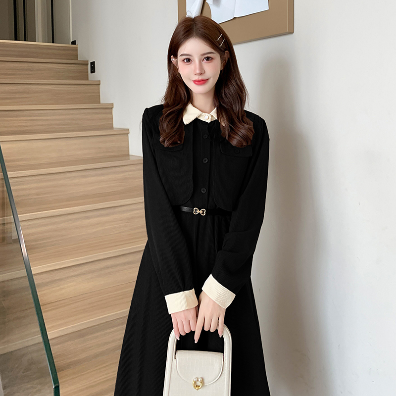 Pinched waist bottoming pure slim long all-match dress