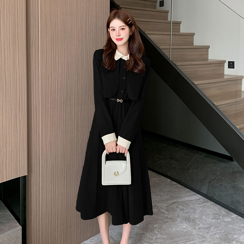 Pinched waist bottoming pure slim long all-match dress