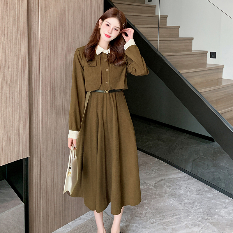 Pinched waist bottoming pure slim long all-match dress