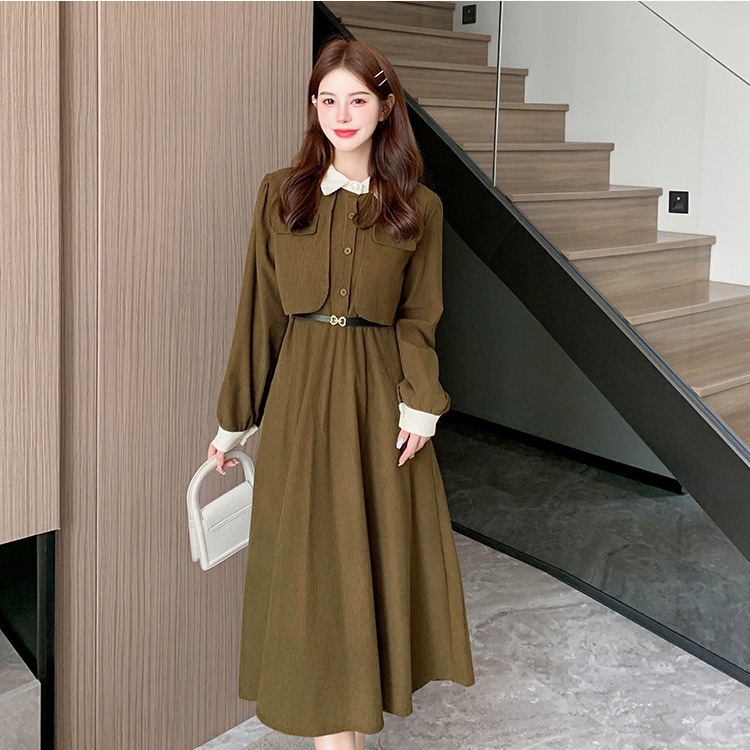 Pinched waist bottoming pure slim long all-match dress