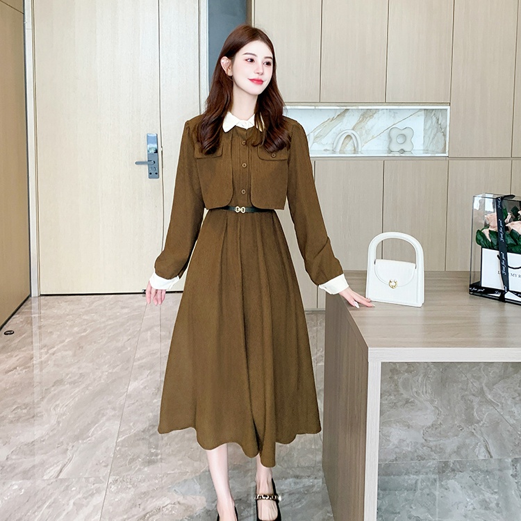 Pinched waist bottoming pure slim long all-match dress