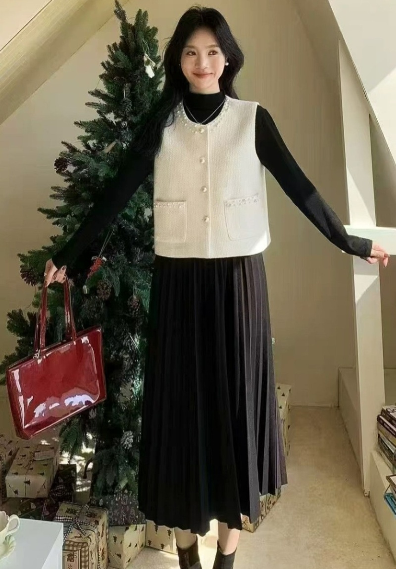 Refinement fashion vest European style pearl dress 2pcs set