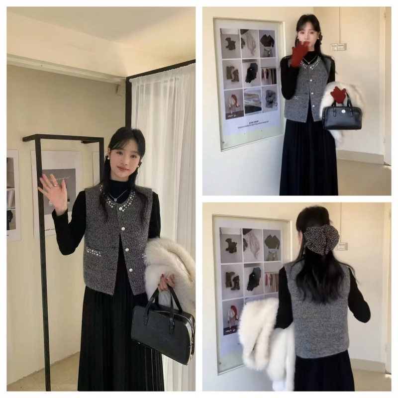 Refinement fashion vest European style pearl dress 2pcs set