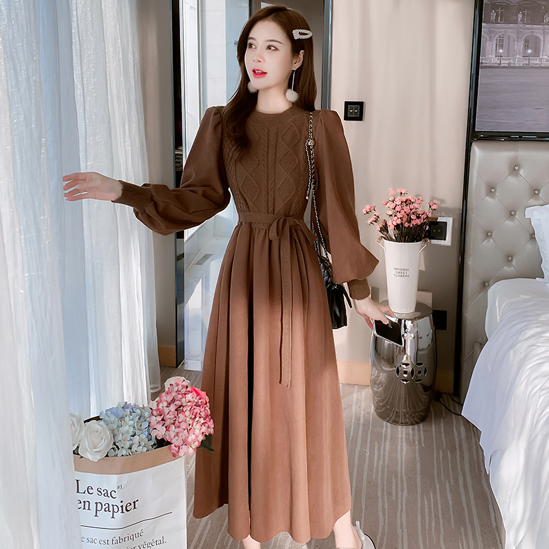 Fashion bottoming belt all-match Pseudo-two dress