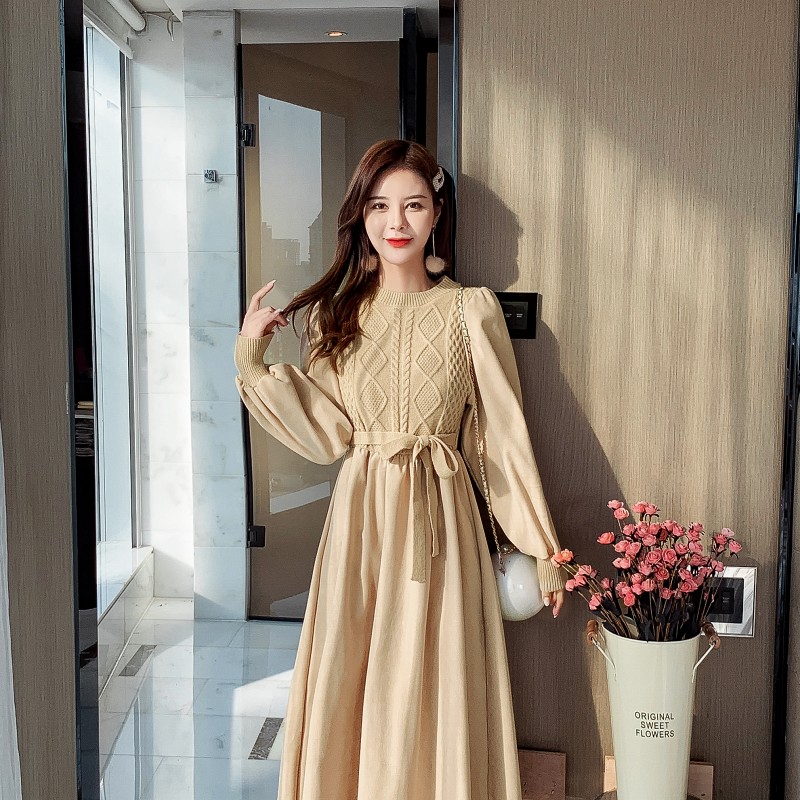 Fashion bottoming belt all-match Pseudo-two dress