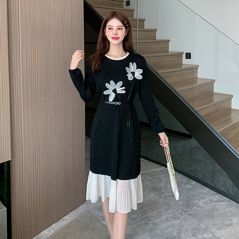 Sweet mermaid round neck artistic pullover loose flowers dress