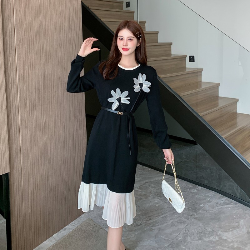 Sweet mermaid round neck artistic pullover loose flowers dress