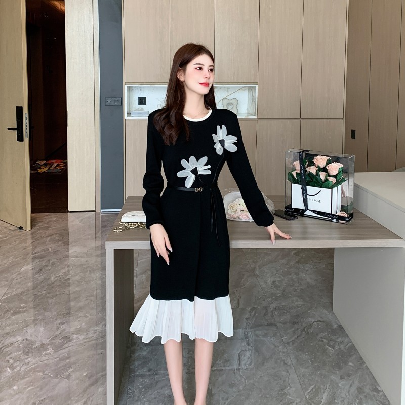 Sweet mermaid round neck artistic pullover loose flowers dress
