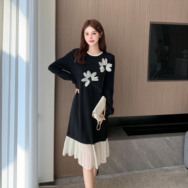 Sweet mermaid round neck artistic pullover loose flowers dress