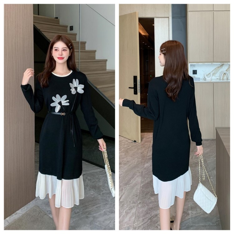 Sweet mermaid round neck artistic pullover loose flowers dress