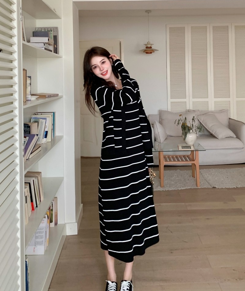 Show young dress all-match cardigan 2pcs set