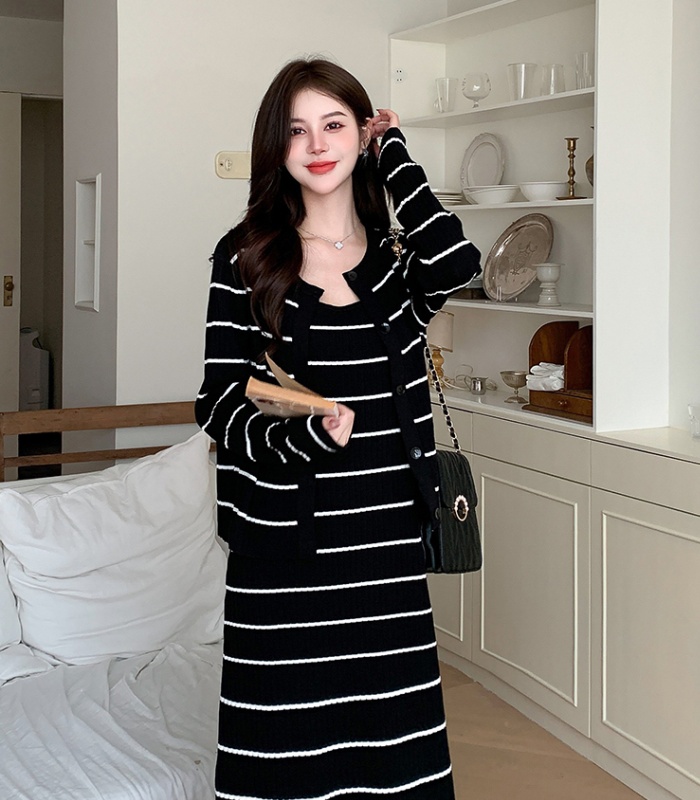 Show young dress all-match cardigan 2pcs set