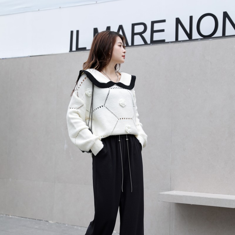 Doll collar tender pants pure all-match sweater 2pcs set
