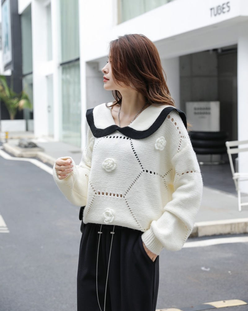 Doll collar tender pants pure all-match sweater 2pcs set