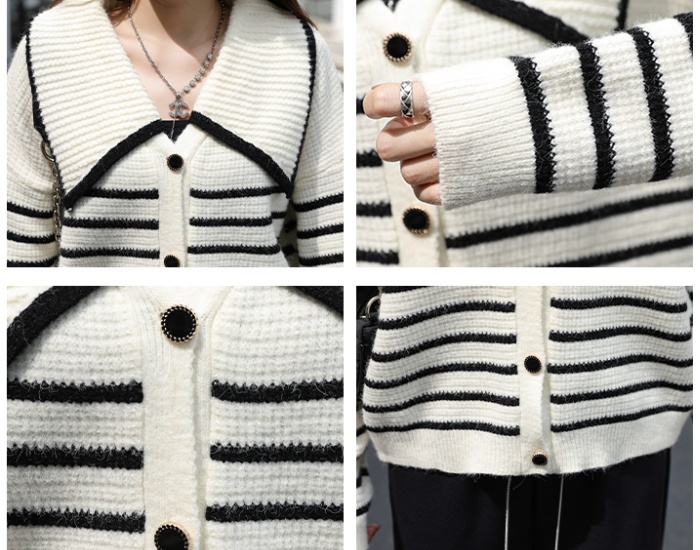 All-match V-neck sweater knitted stripe cardigan