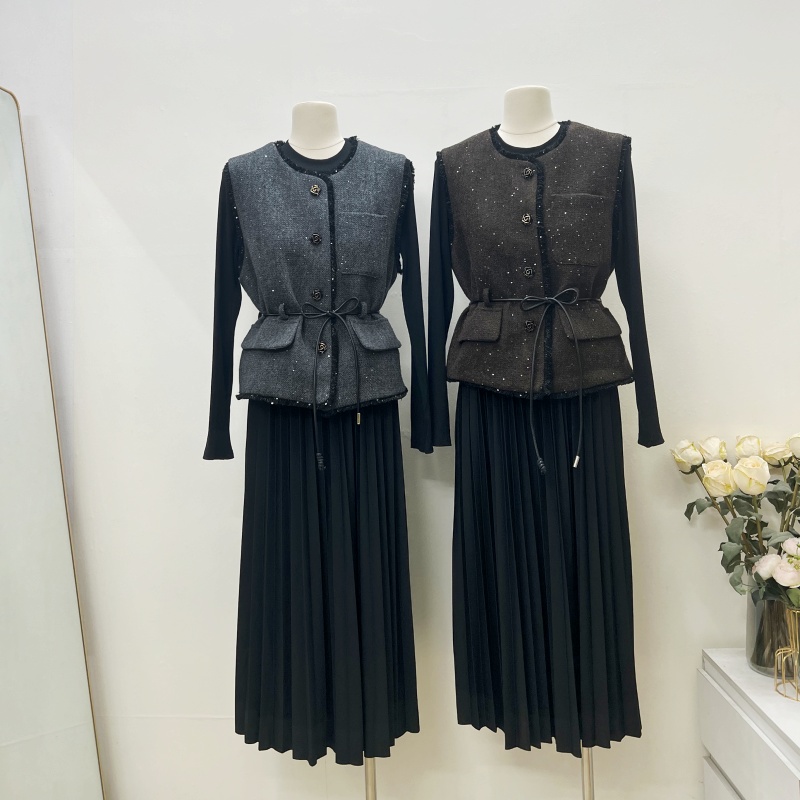 European style dress Korean style waistcoat 2pcs set for women