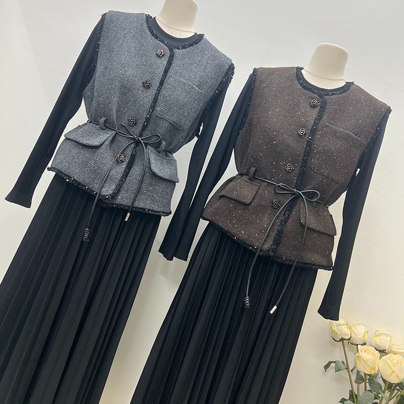 European style dress Korean style waistcoat 2pcs set for women