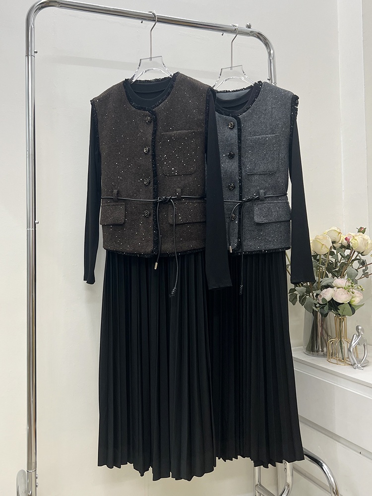 European style dress Korean style waistcoat 2pcs set for women