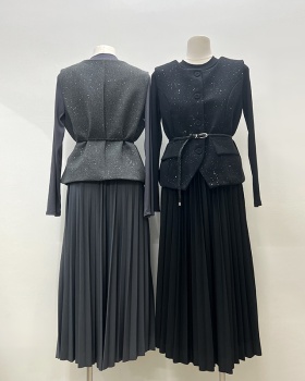 Shiny long sleeve waistcoat fashion dress 2pcs set