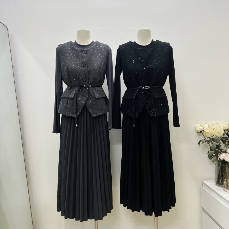 Shiny long sleeve waistcoat fashion dress 2pcs set