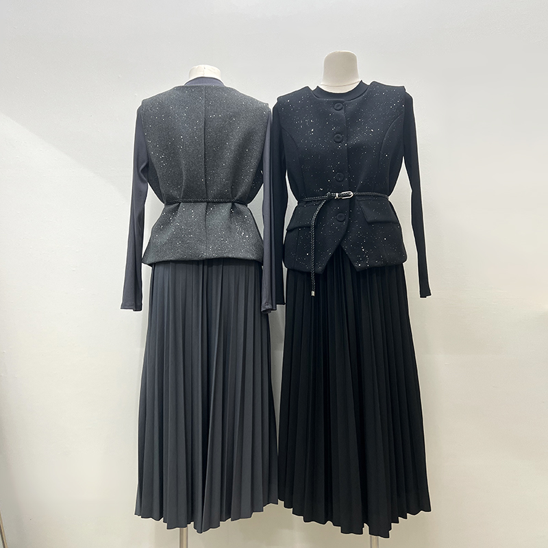 Shiny long sleeve waistcoat fashion dress 2pcs set