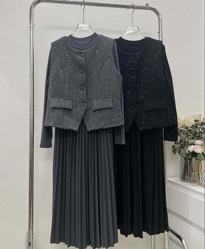 Shiny long sleeve waistcoat fashion dress 2pcs set