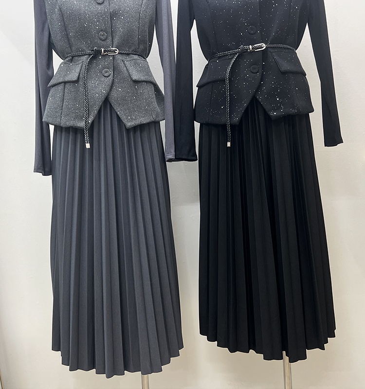 Shiny long sleeve waistcoat fashion dress 2pcs set