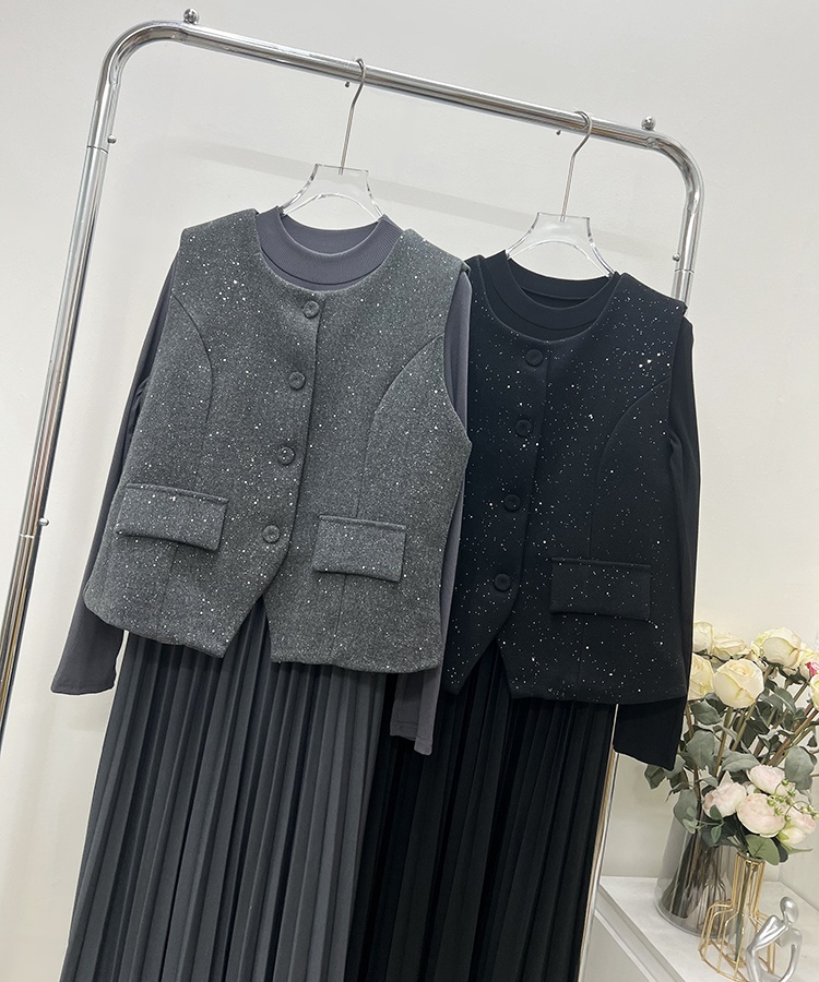 Shiny long sleeve waistcoat fashion dress 2pcs set