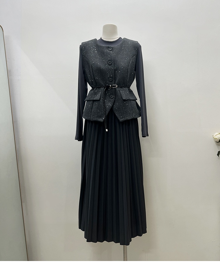 Shiny long sleeve waistcoat fashion dress 2pcs set