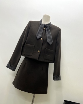 Plaid collar short skirt coat 3pcs set
