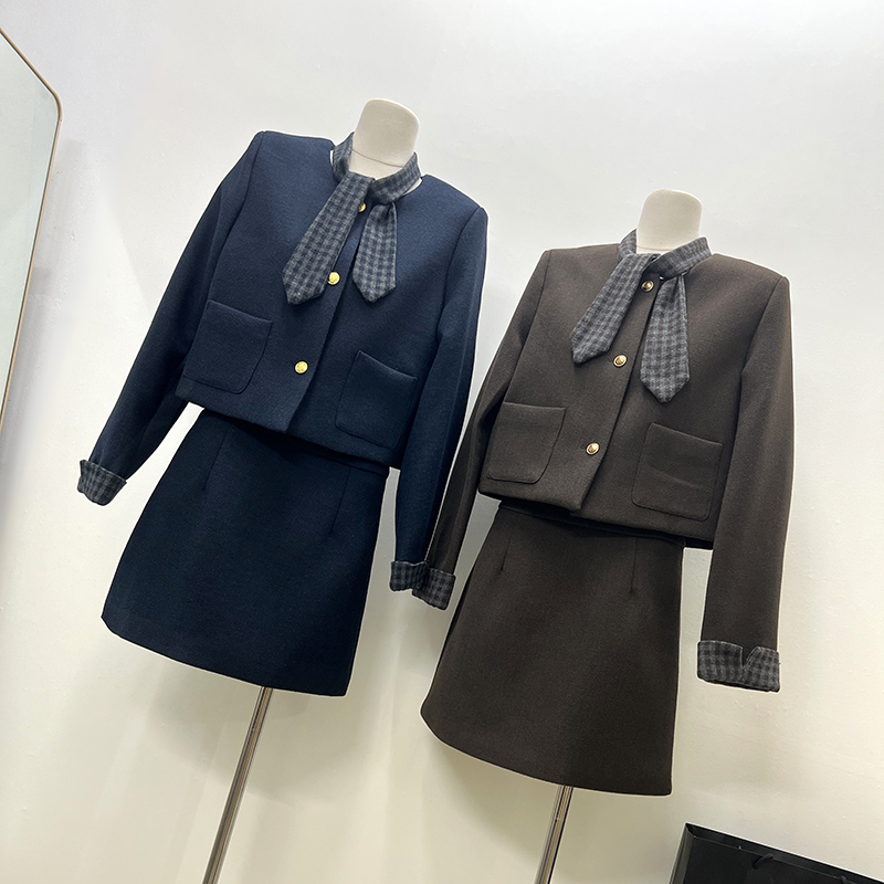 Plaid collar short skirt coat 3pcs set