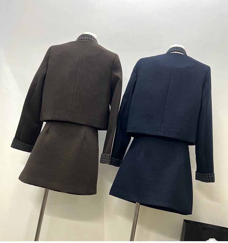 Plaid collar short skirt coat 3pcs set