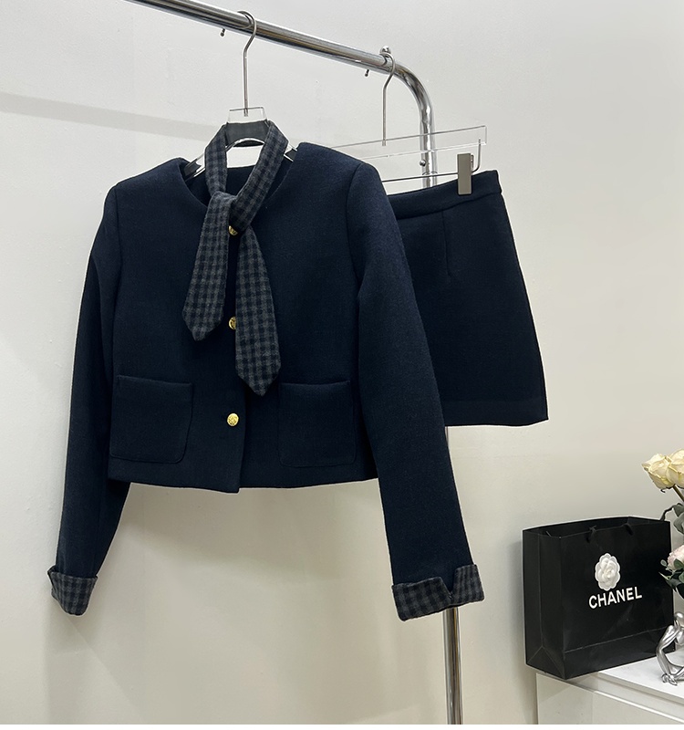 Plaid collar short skirt coat 3pcs set