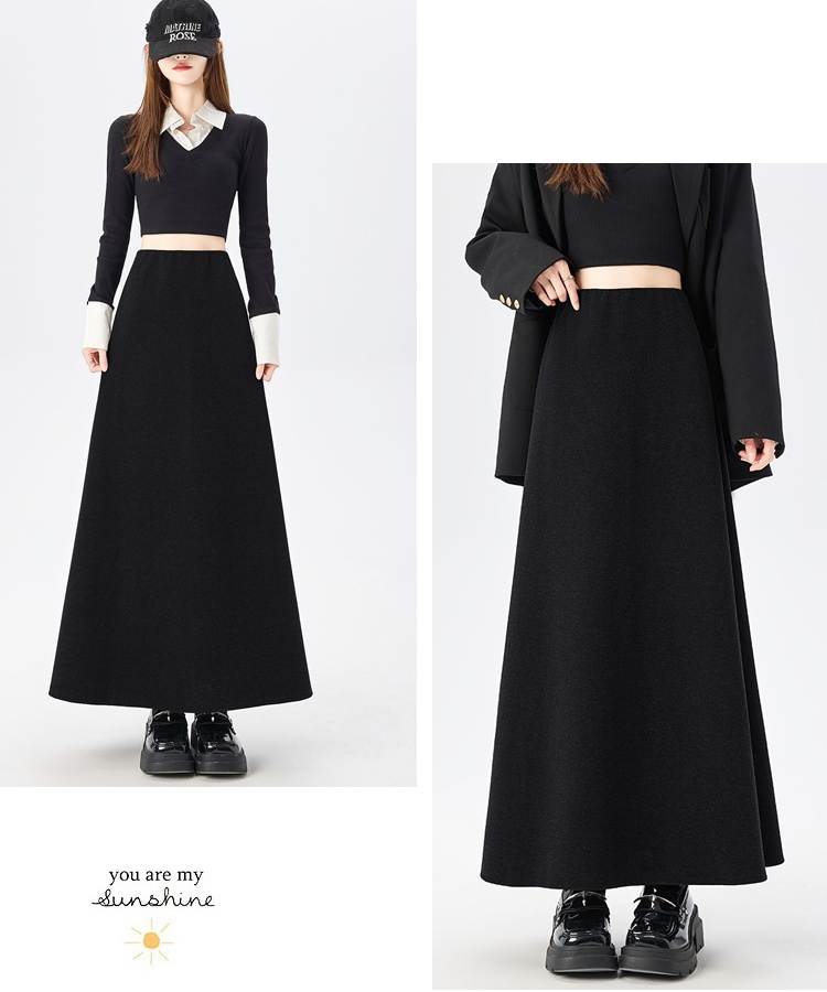 Woolen straight high waist long A-line skirt for women