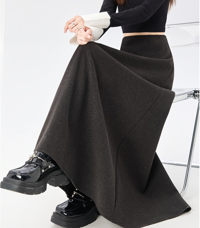 Woolen straight high waist long A-line skirt for women